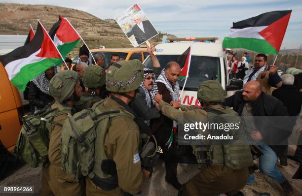 Israeli security forces intervene in Palestinians near Hawara checkpoint, south of the West Bank city of Nablus, during clashes following a...