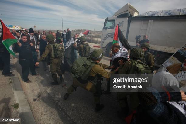 Israeli security forces intervene in Palestinians near Hawara checkpoint, south of the West Bank city of Nablus, during clashes following a...