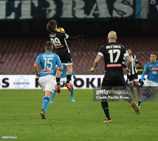 Bajic of Udinese controls the ball in the air with his chest. This evening Napoli win 1 to 0 against Udinese and passes the turn for the Italian Cup.