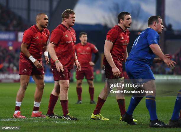 Limerick , Ireland - 26 December 2017; Simon Zebo of Munster, left, stands alongside team-mates Stephen Archer and Tommy O'Donnell at the back of a...