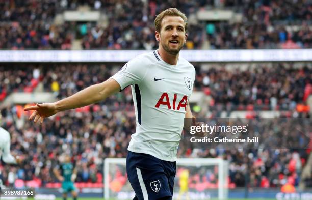 Harry Kane of Tottenham Hotspur celebrates after scoring his hat-trick goal to make it 5-1 during the Premier League match between Tottenham Hotspur...