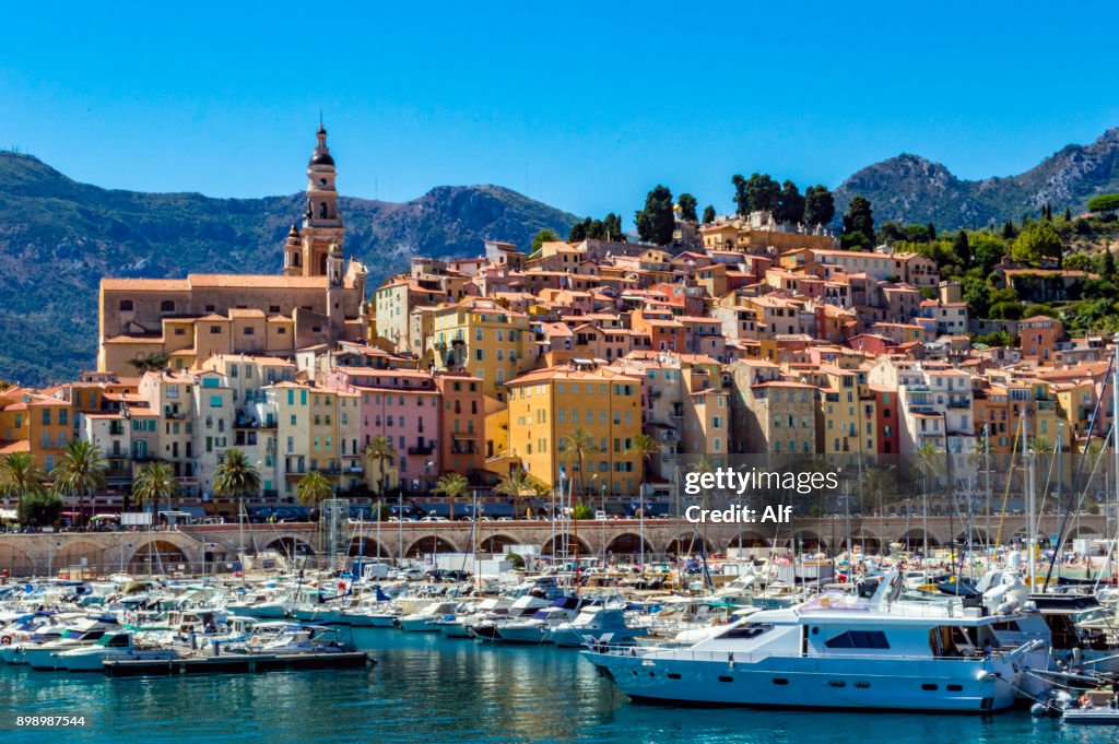 View of Menton from the harbor , Menton, French Riviera, France