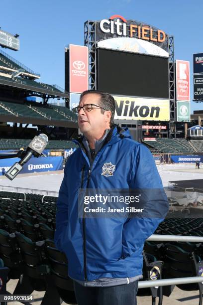 Steve Mayer, NHL Chief Content Officer and Executive Vice President, speaks with the media about the progression of the rink build at Citi Field...