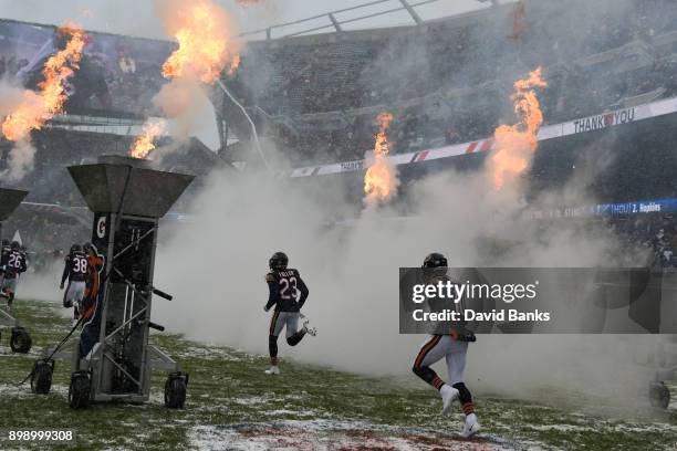 Kyle Fuller of the Chicago Bears and quarterback Mitchell Trubisky of the Chicago Bears take the field before the against the Cleveland Browns on...