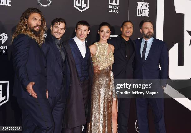 Actors Jason Momoa, Henry Cavill, Ezra Miller, Gal Gadot, Ray Fisher and Ben Affleck arrive at the premiere of Warner Bros. Pictures' 'Justice...