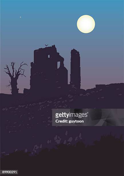 ruined castle - gibbous moon stock illustrations