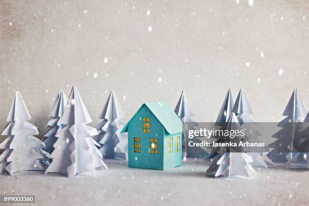 a model house in forest with snow - miniture tree stock pictures, royalty-free photos & images