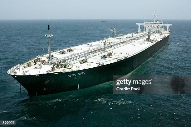 The Greek supertanker Astro Lupus lies anchored July 3, 2002 about 65 miles off the coast of Galveston, Texas. The supertanker is carrying a...