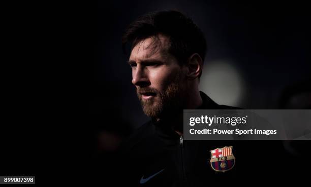 Lionel Messi of FC Barcelona walks off pitch prior La Liga match between Real Madrid and FC Barcelona at Santiago Bernabeu stadium on December 23,...