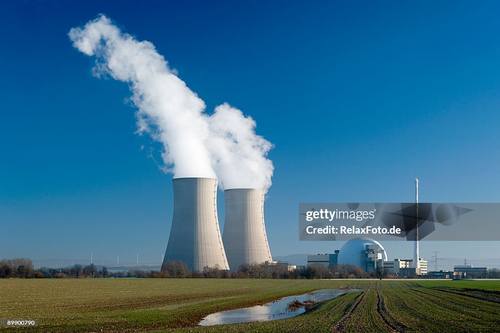 Nuclear power station Grohnde with steaming cooling towers