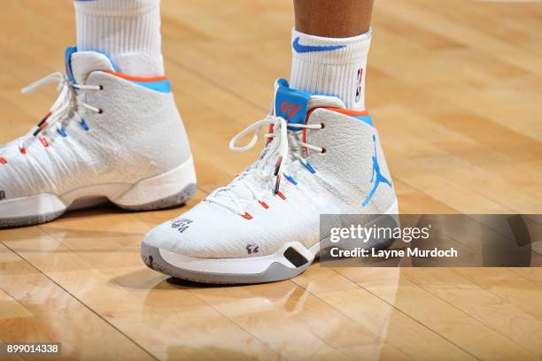 The sneakers of Russell Westbrook of the Oklahoma City Thunder during the game against the Atlanta Hawks on December 22, 2017 at Chesapeake Energy...