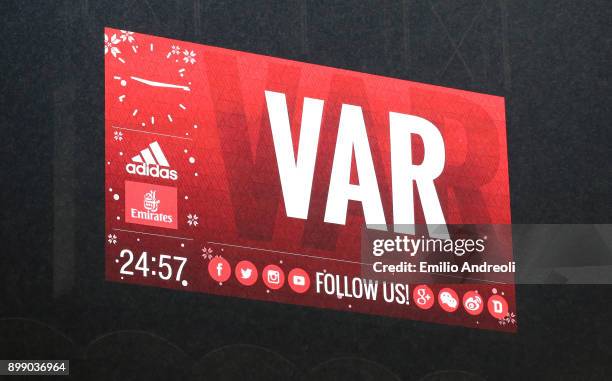 The scoreboard shows the use of the new VAR system during the TIM Cup match between AC Milan and FC Internazionale at Stadio Giuseppe Meazza on...