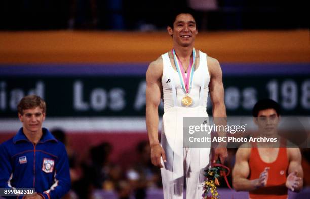 Los Angeles, CA Peter Vidmar, Koji Gushiken, Li Ning, Men's Gymnastics medal ceremony, Pauley Pavilion, at the 1984 Summer Olympics, July 31, 1984.