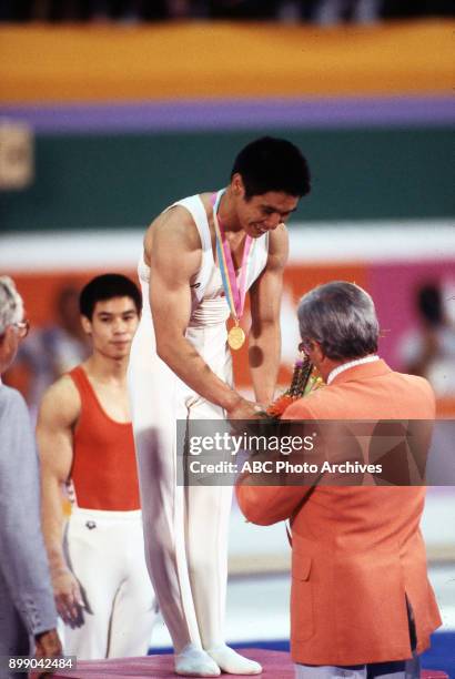 Los Angeles, CA Li Ning, Koji Gushiken, Men's Gymnastics medal ceremony, Pauley Pavilion, at the 1984 Summer Olympics, July 31, 1984.