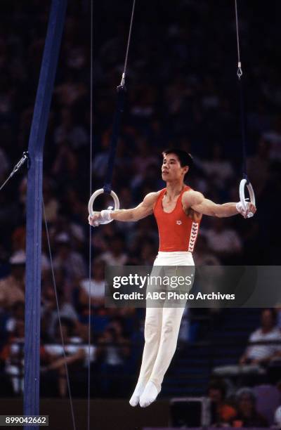 Los Angeles, CA Li Ning, Men's Gymnastics team competition, Pauley Pavilion, at the 1984 Summer Olympics, July 31, 1984.