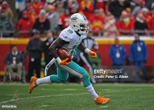 Wide receiver Jakeem Grant of the Miami Dolphins returns a kickoff against the Kansas City Chiefs during the first half of the game at Arrowhead...