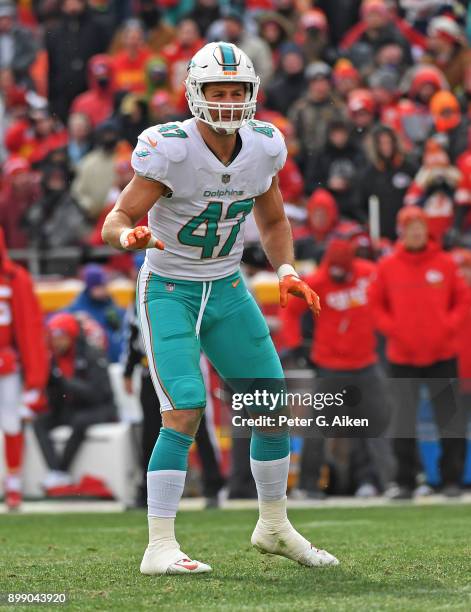 Middle linebacker Kiko Alonso of the Miami Dolphins calls out instructions against the Kansas City Chiefs during the first half of the game at...