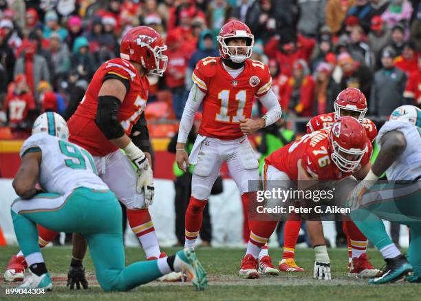 Quarterback Alex Smith of the Kansas City Chiefs calls out an audible against the Miami Dolphins during the second half of the game at Arrowhead...