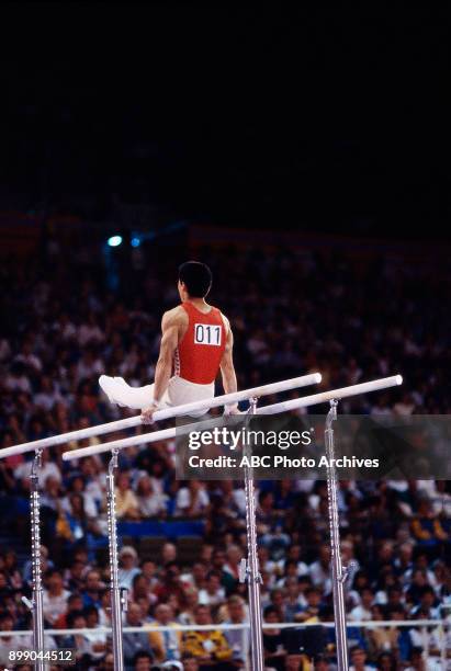 Los Angeles, CA Li Ning, Men's Gymnastics team competition, Pauley Pavilion, at the 1984 Summer Olympics, July 31, 1984.