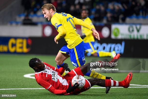 Roman Bezus midfielder of STVV, Sambou Yatabare midfielder of Antwerp FC during the Jupiler Pro League match between K. Sint-Truidense VV and Royal...