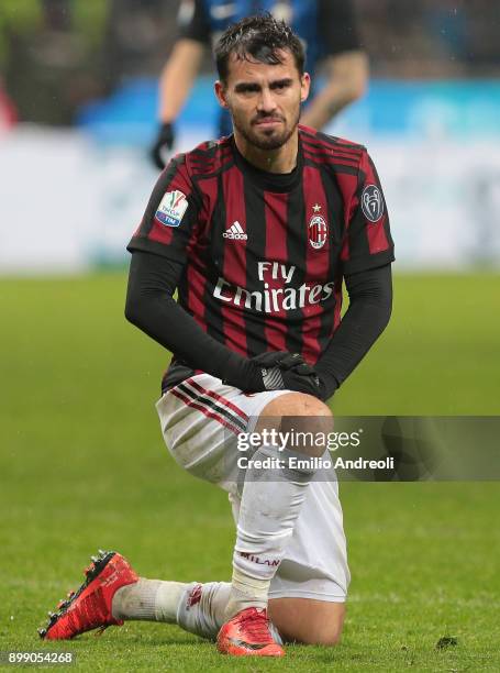 Fernandez Suso of AC Milan looks on during the TIM Cup match between AC Milan and FC Internazionale at Stadio Giuseppe Meazza on December 27, 2017 in...