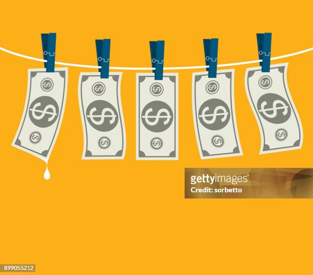 drying dollars hanging on a clothesline - money laundery stock illustrations