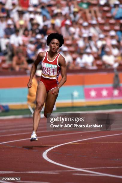 Los Angeles, CA Florence Griffith Joyner, Women's 200 Meter competition, Memorial Coliseum, at the 1984 Summer Olympics, August 8, 1984.