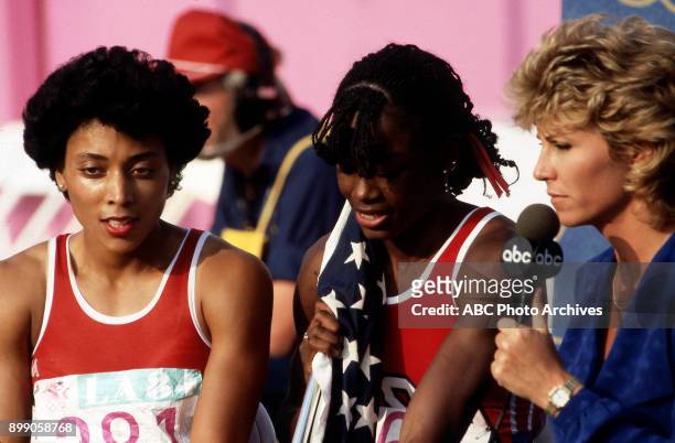 Los Angeles, CA Florence Griffith Joyner, Valerie Brisco-Hooks, Donna de Varona interview, Women's 200 Meter competition, Memorial Coliseum, at the...