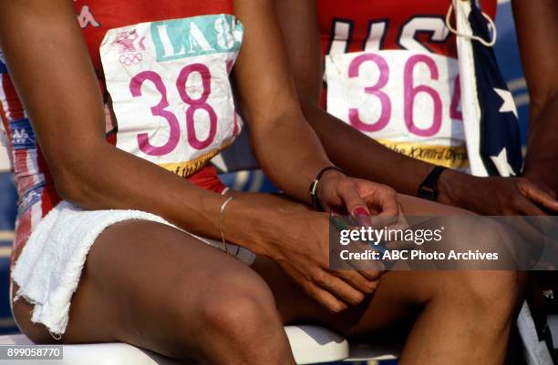 Los Angeles, CA Florence Griffith Joyner, Valerie Brisco-Hooks, Women's 200 Meter competition, Memorial Coliseum, at the 1984 Summer Olympics, August...