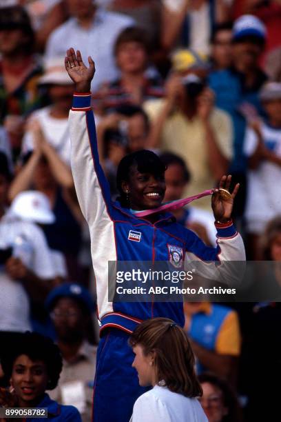 Los Angeles, CA Florence Griffith Joyner, Valerie Brisco-Hooks, Women's 200 Meter medal ceremony, Memorial Coliseum, at the 1984 Summer Olympics,...