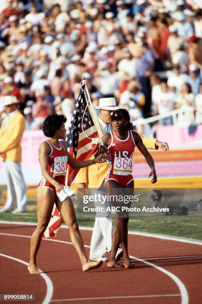 Los Angeles, CA Florence Griffith Joyner, Valerie Brisco-Hooks, Women's 200 Meter competition, Memorial Coliseum, at the 1984 Summer Olympics, August...