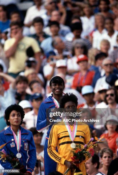 Los Angeles, CA Florence Griffith Joyner, Valerie Brisco-Hooks, Merlene Ottey-Page, Women's 200 Meter medal ceremony, Memorial Coliseum, at the 1984...