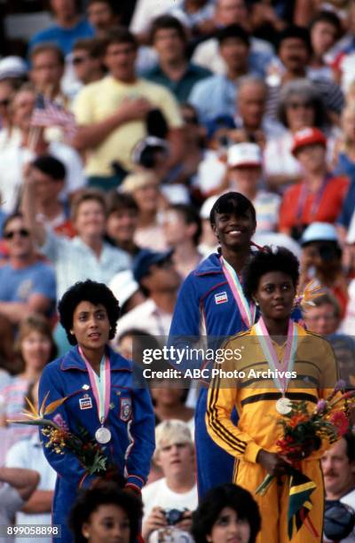 Los Angeles, CA Florence Griffith Joyner, Valerie Brisco-Hooks, Merlene Ottey-Page, Women's 200 Meter medal ceremony, Memorial Coliseum, at the 1984...