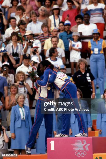 Los Angeles, CA Florence Griffith Joyner, Valerie Brisco-Hooks, Women's 200 Meter medal ceremony, Memorial Coliseum, at the 1984 Summer Olympics,...