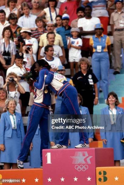 Los Angeles, CA Florence Griffith Joyner, Valerie Brisco-Hooks, Women's 200 Meter medal ceremony, Memorial Coliseum, at the 1984 Summer Olympics,...