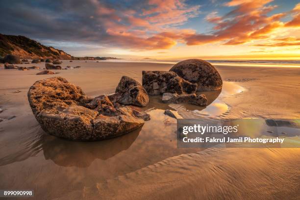 large boulders at moeraki boulders beach during scenic sunrise - moeraki boulders stockfoto's en -beelden