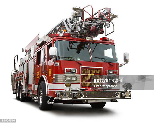 modern red fire engine truck isolated on white clipping path - brandweerwagen stockfoto's en -beelden