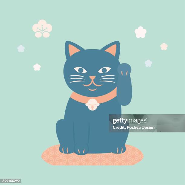 japanese maneki neko vector illustration - cat sitting stock illustrations