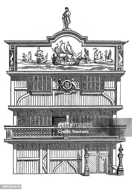 illustrazioni stock, clip art, cartoni animati e icone di tendenza di english east india company, sede centrale a londra, vista esterna nel 17 ° secolo - est