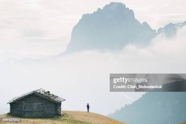 man standing near the hut with view of dolomites mountains, italy - barraca imagens e fotografias de stock