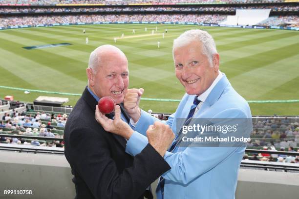 Former cricketers Rick McCosker of Australia and Bob Willis of England pose during day three of the Fourth Test Match in the 2017/18 Ashes series...