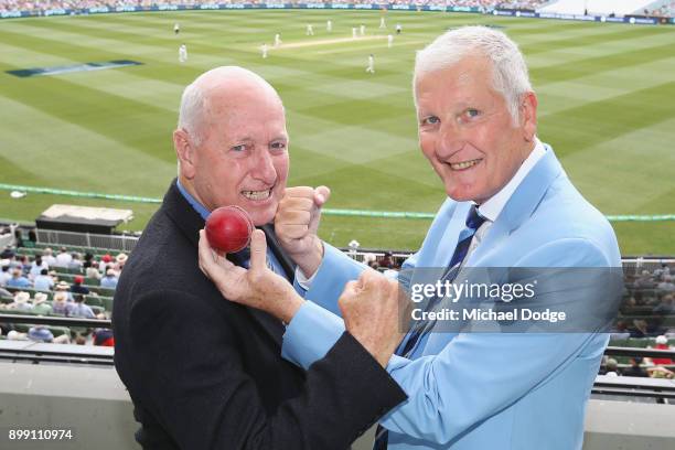 Former cricketers Rick McCosker of Australia and Bob Willis of England pose during day three of the Fourth Test Match in the 2017/18 Ashes series...