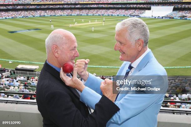 Former cricketers Rick McCosker of Australia and Bob Willis of England pose during day three of the Fourth Test Match in the 2017/18 Ashes series...