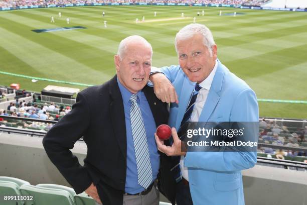 Former cricketers Rick McCosker of Australia and Bob Willis of England pose during day three of the Fourth Test Match in the 2017/18 Ashes series...