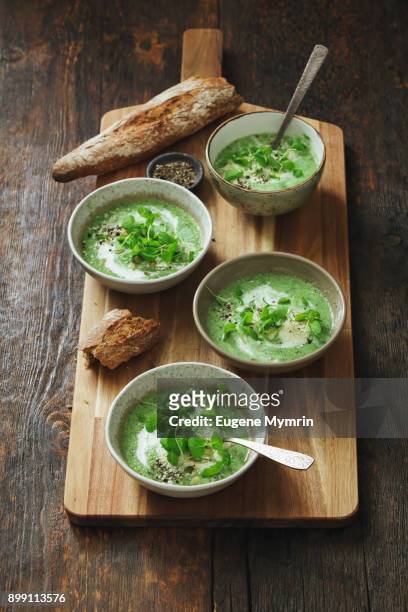 broccoli, kale, spinach and mint soup with tahini - cremesuppe stock-fotos und bilder