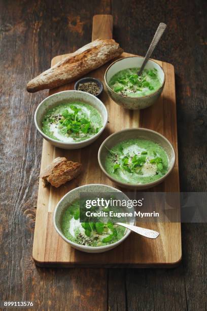 broccoli, kale, spinach and mint soup with tahini - cream soup stock pictures, royalty-free photos & images