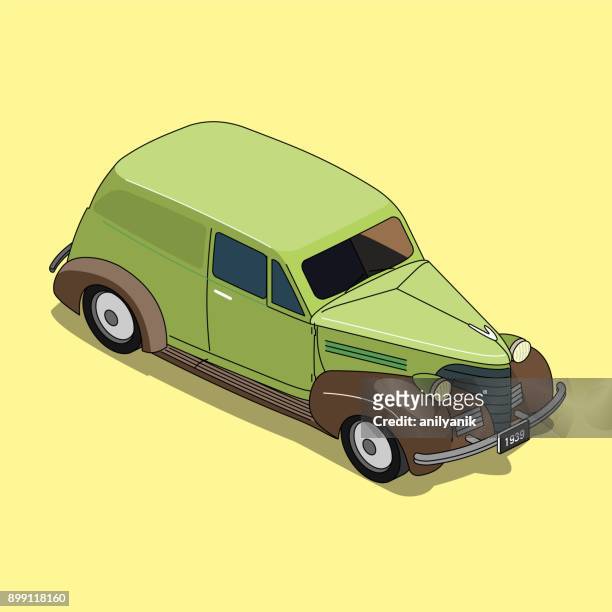 illustrazioni stock, clip art, cartoni animati e icone di tendenza di furgone isometrico del 1939 - anilyanik
