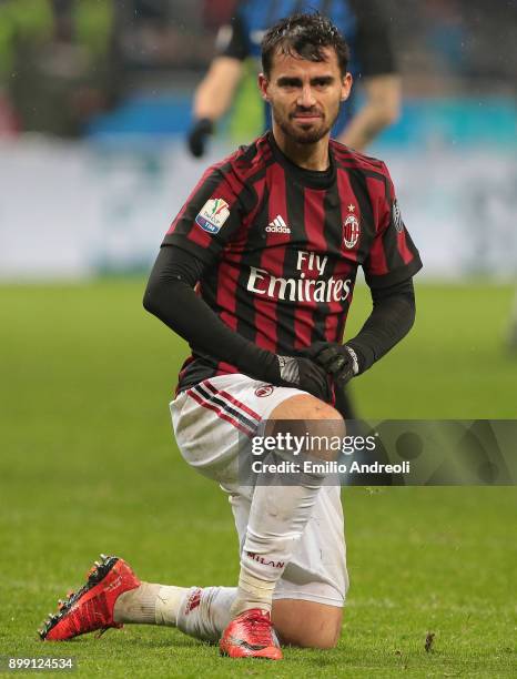 Fernandez Suso of AC Milan looks on during the TIM Cup match between AC Milan and FC Internazionale at Stadio Giuseppe Meazza on December 27, 2017 in...