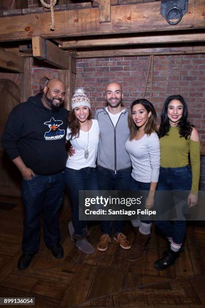 James Monroe Iglehart, Joanna A. Jones, Jevon McFerrin, Joanna A. Jones and Lauren Boyd of "Hamilton" pose for photos backstage after the show at...