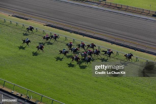 Jockeys compete the Race 1 at Tokyo Racecourse during the Japan Cup race day on November 26, 2017. Tokyo Racecourse is considered the 'racecourse of...